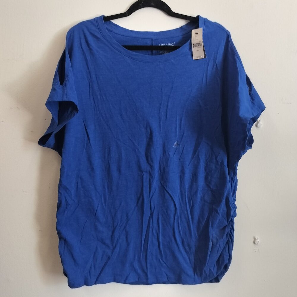 NWT Lane Bryant Ruched Side Cold Shoulder Solid Blue Tee